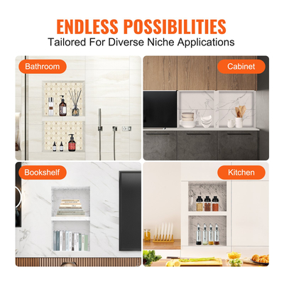 VEVOR ντουζιέρα έτοιμη για πλακάκια 40,64 x 60,96 εκ., Διπλό ράφι οργάνωσης, τετράγωνες γωνίες στον τοίχο εσοχή, σφραγισμένη προστασία μοντέρνα θέση αποθήκευσης σαπουνιού για μπάνιο ντους, μαύρο