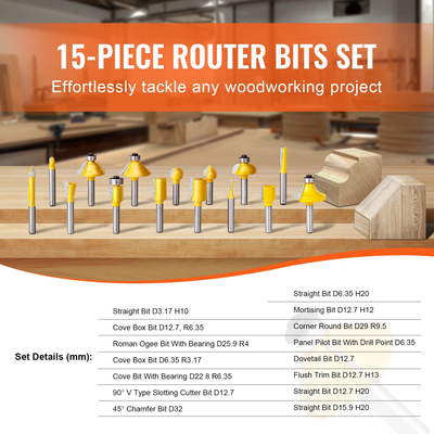 VEVOR Router Bits Σετ 15 τεμαχίων Carbide Router Bit 1/4 ίντσας θήκη μεταφοράς