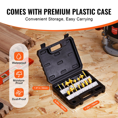 VEVOR Router Bits Σετ 15 τεμαχίων Carbide Router Bit 1/4 ίντσας θήκη μεταφοράς