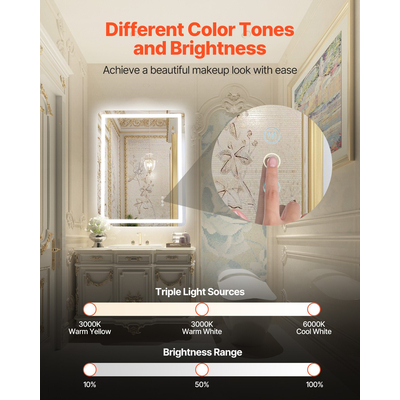 VEVOR LED Καθρέφτης Μπάνιου 3 Χρώματα Αντιθαμβωτικός Καθρέπτης Νεομπόρου Επιτοίχιος 60 x 80cm