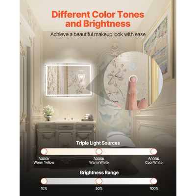 VEVOR LED Καθρέφτης Μπάνιου 3 Χρώμα Αντιθαμβωτικός Καθρέφτης Νεροχύτης 70 x 100cm