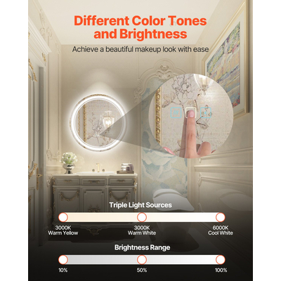 VEVOR LED Καθρέφτης Μπάνιου 3 Χρώμα Αντιθαμβωτικός Επιτοίχιος Στρογγυλός Καθρέφτης Νεροχύτης 60cm