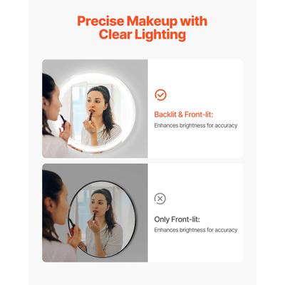 VEVOR LED Καθρέφτης Μπάνιου 3 Χρώμα Αντιθαμβωτικός Επιτοίχιος Στρογγυλός Καθρέφτης Νεροχύτης 60cm