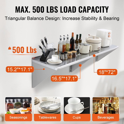 VEVOR 72&quot; x 18&quot; από ανοξείδωτο ατσάλι επιτοίχιο ράφι Ράφια κουζίνας εστιατορίου