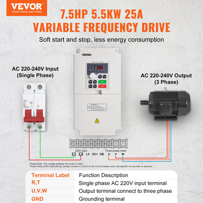 VEVOR VFD 7.5HP 5.5KW 25A Είσοδος 1 ή 3 φάση AC 220V σε 3φασική έξοδο AC 0~220V