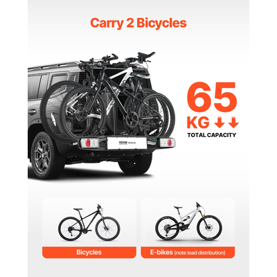 VEVOR Σχάρα ποδηλάτου για 2 ποδήλατα Στήριγμα ποδηλάτου με κοτσαδόρο που κλειδώνει και ταιριάζει σε δέκτες 5 cm