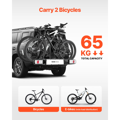 VEVOR Σχάρα ποδηλάτου για 2 ποδήλατα Πτυσσόμενη βάση ποδηλάτου με κοτσαδόρο που ταιριάζει σε δέκτες 5 cm