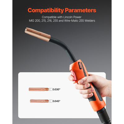 Πιστόλι συγκόλλησης VEVOR 250Amp Mig με καλώδιο 15FT για σύρματα συγκόλλησης 0,035&quot; &amp; 0,045