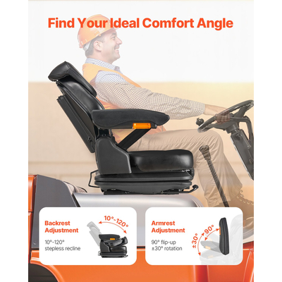 VEVOR Forklift Seat Fold Down Tractor Seat Suspension Ρυθμιζόμενη πλάτη και προσκέφαλο