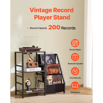 VEVOR 3 Tiers Record Player με φως LED &amp; θύρες USB Μεταλλικό ράφι βινυλίου μαύρο