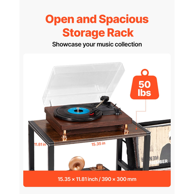 VEVOR 3 Tiers Record Player με φως LED &amp; θύρες USB Μεταλλικό ράφι βινυλίου μαύρο