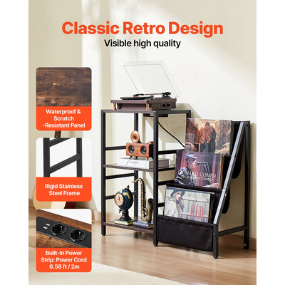 VEVOR 3 Tiers Record Player με φως LED &amp; θύρες USB Μεταλλικό ράφι βινυλίου μαύρο