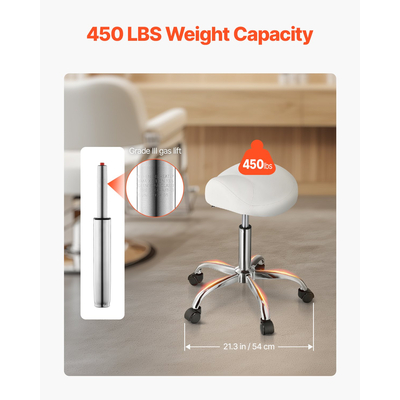 Σκαμπό σέλας VEVOR Περιστρεφόμενο σκαμπό με ρόδες PU Δερμάτινο ρυθμιζόμενο ύψος λευκό