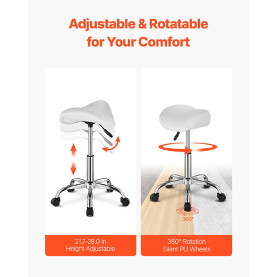 Σκαμπό σέλας VEVOR Περιστρεφόμενο σκαμπό με ρόδες PU Δερμάτινο ρυθμιζόμενο ύψος λευκό