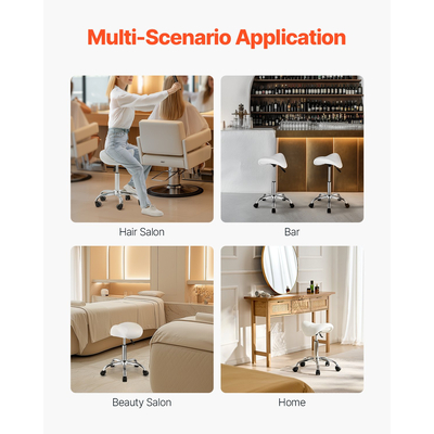 Σκαμπό σέλας VEVOR Περιστρεφόμενο σκαμπό με ρόδες PU Δερμάτινο ρυθμιζόμενο ύψος λευκό