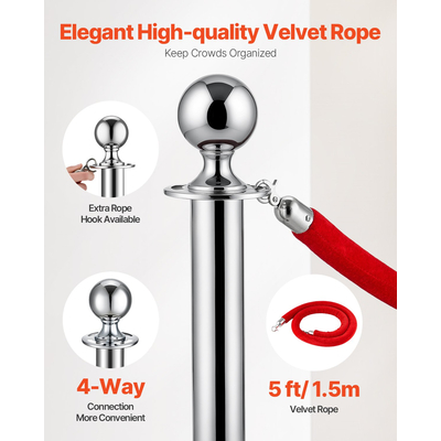 VEVOR 8 τμχ Ασημί Stanchion Post 4 Red Velvet Ropes Sand Injection Hollow Base