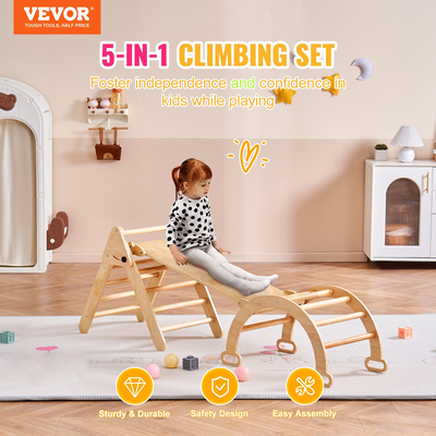 VEVOR Pikler Triangle Set 5in1 Montessori Climbing Toys for Toddlers 1-3 M Wood