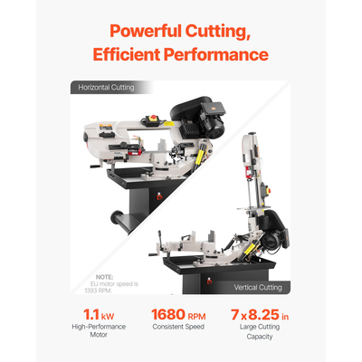 VEVOR Metal Horizontal Band Saw 7 x 8,25 in 1,1 kW Variable Speed ​​Saw 220V