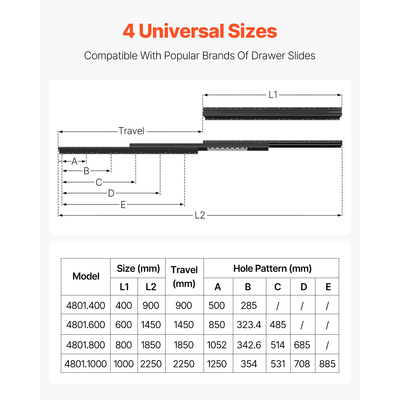 VEVOR Undermount Συρταριέρα Slides 16 ιντσών Κάτω από σκάλες ράγες ντουλαπιού 260 LB φορτίο