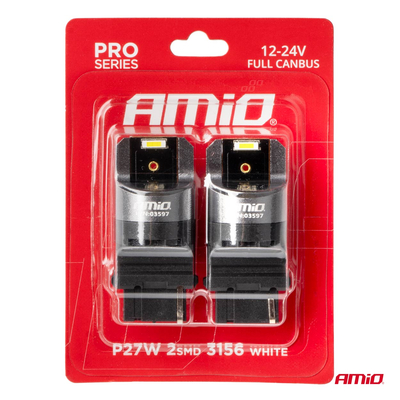 ΛΑΜΠΑΚΙΑ P27W 12/24V 6.000K 2SMD LED FULL CAN-BUS ΛΕΥΚΟ PRO SERIES AMIO - 2 Τεμ.