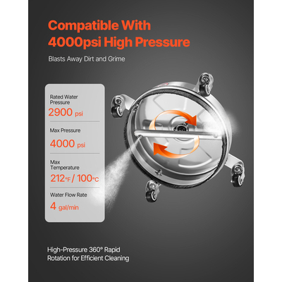 VEVOR 14" Καθαριστικό Επιφανείας Πλυντηρίου Πίεσης 4 Τροχών 4000 Max PSI 2 Extended Wands