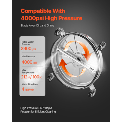 VEVOR 18" Καθαριστικό Επιφανειών Πλυντηρίου Πίεσης 4 Τροχών 4000 Max PSI 2 Extended Wands