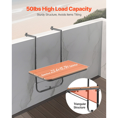 VEVOR Κρεμαστό τραπέζι μπαλκονιού 25 x 24 in Patio Railing Bar τραπέζι Ρυθμιζόμενο