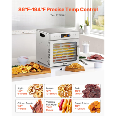 Μηχάνημα αφυδάτωσης τροφίμων VEVOR 8 δίσκοι από ανοξείδωτο ατσάλι 400W jerky Fruit Drying