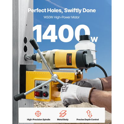 Magnetic Drill 1400W 2878 lbf Magnetic Drill Press 2 in Boring Diameter 6 Bits Yellow