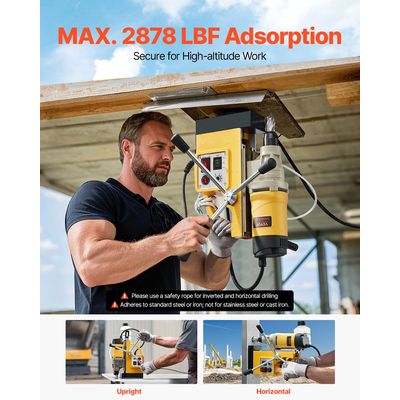 Magnetic Drill 1400W 2878 lbf Magnetic Drill Press 2 in Boring Diameter 6 Bits Yellow