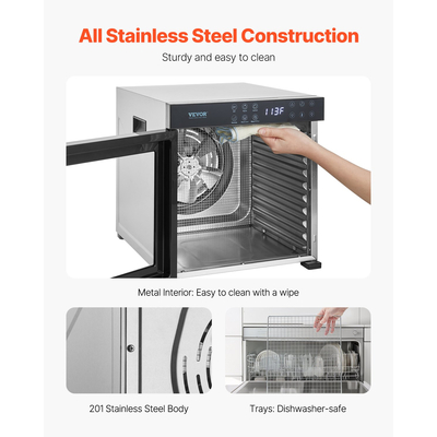 VEVOR 10 Trays Μηχανή αφυδάτωσης τροφίμων από ανοξείδωτο ατσάλι 1000W Jerky Fruit Drying