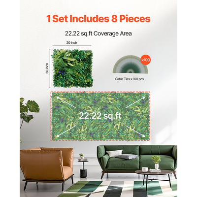 VEVOR Πάνελ τοίχου από τεχνητό γρασίδι 8 τμχ 20 x 20 ιντσών 3D πράσινο για διακόσμηση