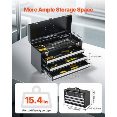 VEVOR Εργαλειοθήκη 20,5 ιντσών Φορητή Μεταλλική Εργαλειοθήκη με 3 Συρτάρια Εργαλειοθήκη