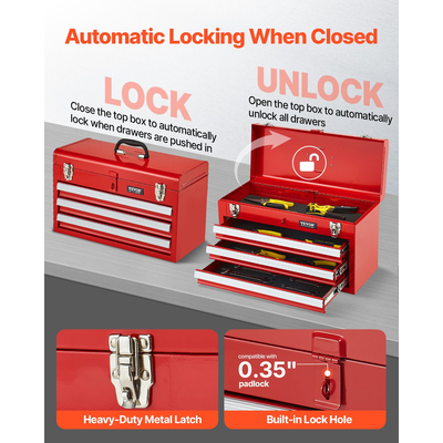 VEVOR Tool Box 20,5 ιντσών Portable Metal Tool Box 3 Drawers Tool Organizer Κόκκινο