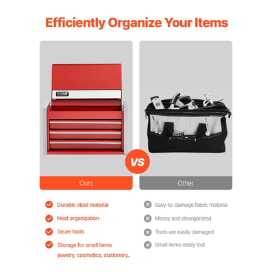 VEVOR Tool Box 8,6 ιντσών Φορητό Metal Tool Box 3 Drawers Tool Organizer Κόκκινο