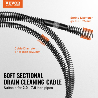 VEVOR Sectional Drain Cable Cleaning Cable 60 FTx1-1/5In & 6 Cutters for 2"-7,9" Pipes