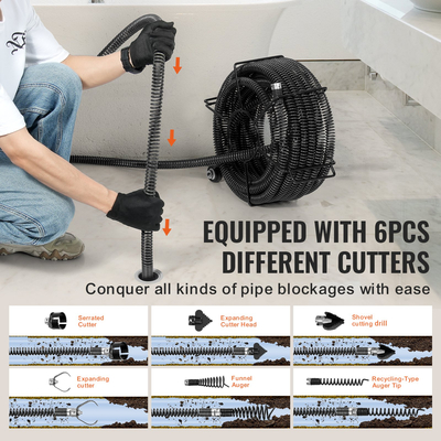 VEVOR Sectional Drain Cable Cleaning Cable 60 FTx1-1/5In & 6 Cutters for 2"-7,9" Pipes