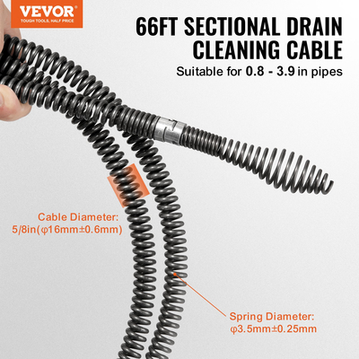 VEVOR Sectional Drain Cable Cleaning Cable 66FTx5/8In & 7 Cutters for 0,8"-3,9" Pipes
