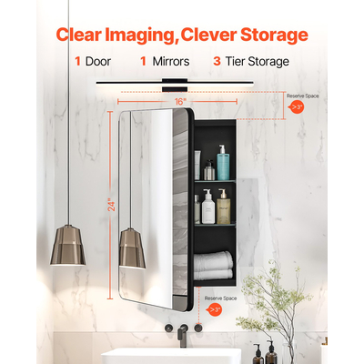 VEVOR Medicine Cabinet 16" x 24" Mirror Medicine Cabinet Ρυθμιζόμενα ράφια