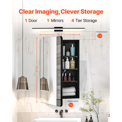 VEVOR Medicine Cabinet 16,5" x 27,5" Mirror Medicine Cabinet Ρυθμιζόμενα ράφια