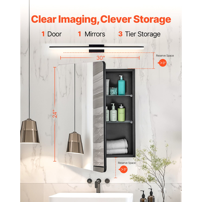 VEVOR Medicine Cabinet 24" x 30" Mirror Medicine Cabinet Ρυθμιζόμενα ράφια