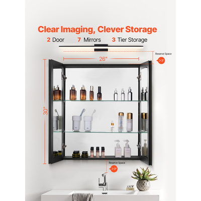 VEVOR Medicine Cabinet 26" x 30" Mirror Medicine Cabinet Ρυθμιζόμενα ράφια