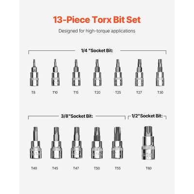 Torx Bit Socket Set 13-Pece Star T8 - T60 Set S2 Alloy Steel and Cr-V Steel