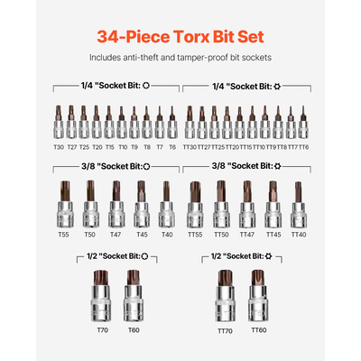 Torx Bit Socket Σετ 34 τεμαχίων Solid Star and Tamper Proof T6-T70 S2 Alloy Steel