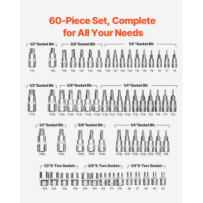 Torx Bit Socket and External Torx Socket Set 60-Pece S2 Alloy Steel Cr-V Steel
