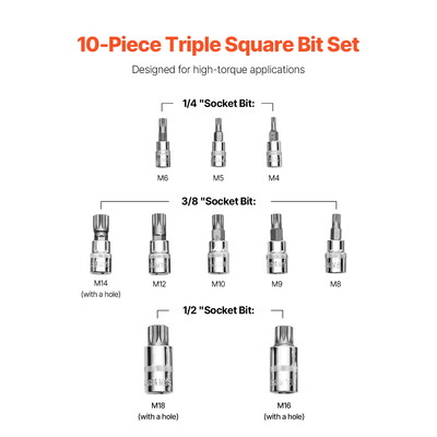 XZN Triple Square Spline Bit Socket Set 10 τεμαχίων M4-M18 Cr-V Steel Case αποθήκευσης