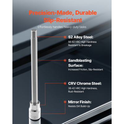 Extra Long Allen Hex Socket Socket 18-Pece 3/8 inch Drive S2 Alloy Steel Cr-V