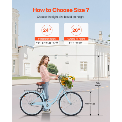 VEVOR ποδήλατο Cruiser 26 ιντσών 1-ταχύτητα ανοιχτό μπλε Beach Cruiser ποδήλατο με καλάθι