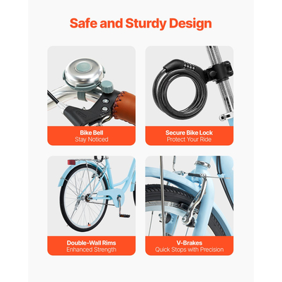 VEVOR ποδήλατο Cruiser 26 ιντσών 1-ταχύτητα ανοιχτό μπλε Beach Cruiser ποδήλατο με καλάθι