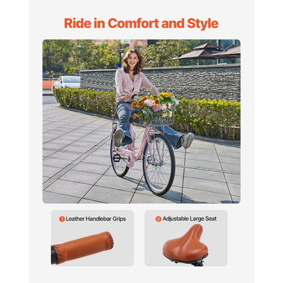 VEVOR ποδήλατο Cruiser 26 ιντσών 1-ταχύτητα Pink Beach Cruiser ποδήλατο με καλάθι